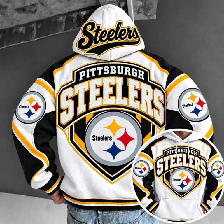 Pittsburgh Steelers Retro Varsity Color Block Back Print Pullover Hoodie