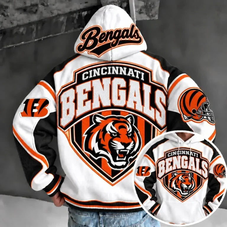 Cincinnati Bengals Retro Varsity Color Block Back Print Pullover Hoodie