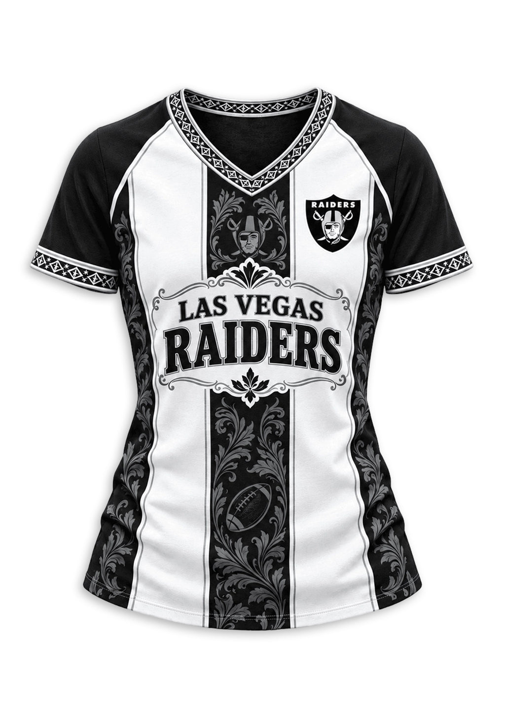 Women's Las Vegas Raiders Floral Baroque Striped V-Neck T-Shirt