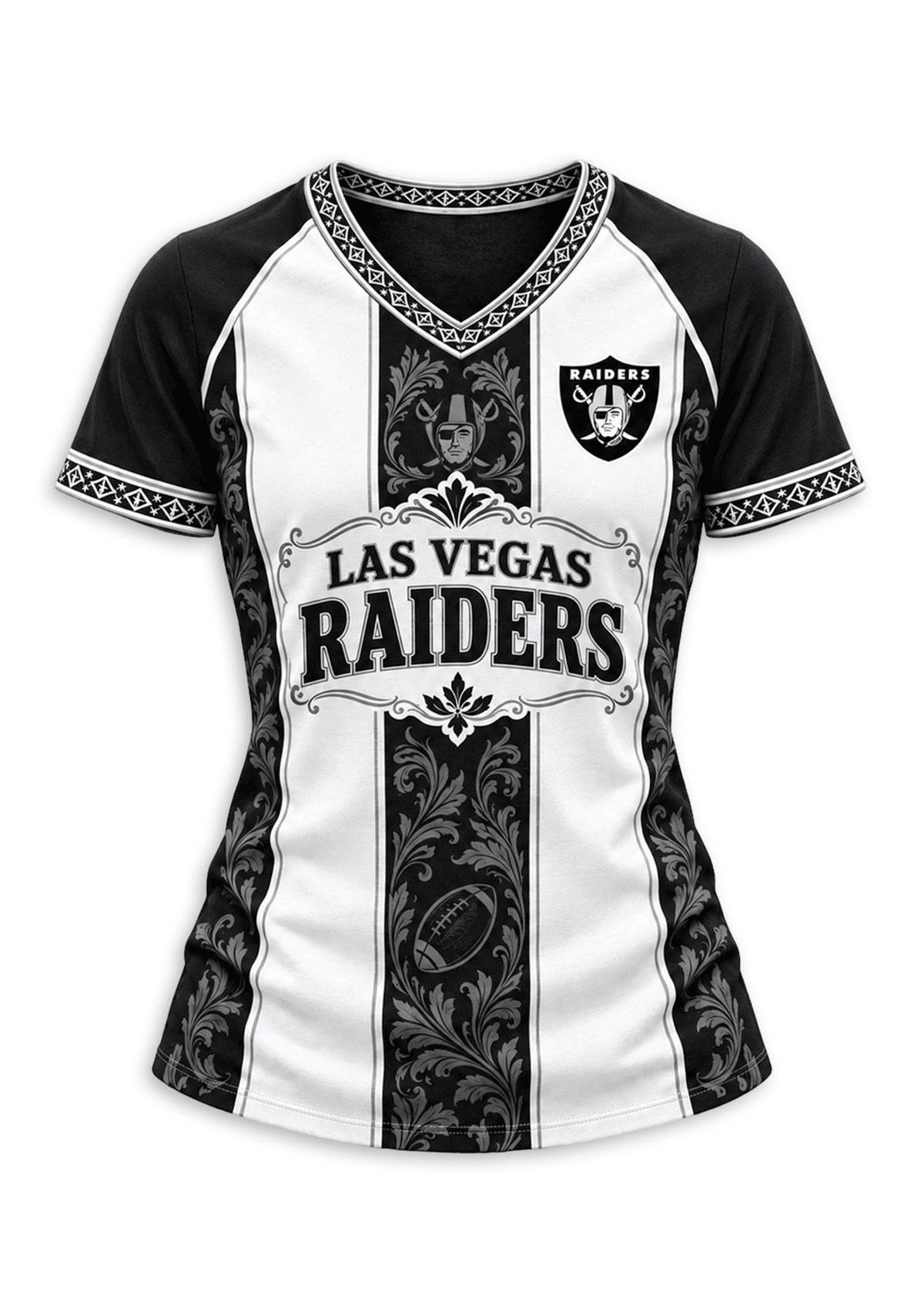 Women's Las Vegas Raiders Floral Baroque Striped V-Neck T-Shirt