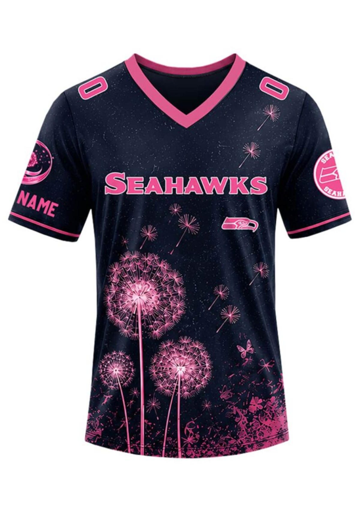 Seattle Seahawks Breast Cancer Awareness Dandelion V-Neck T-Shirt