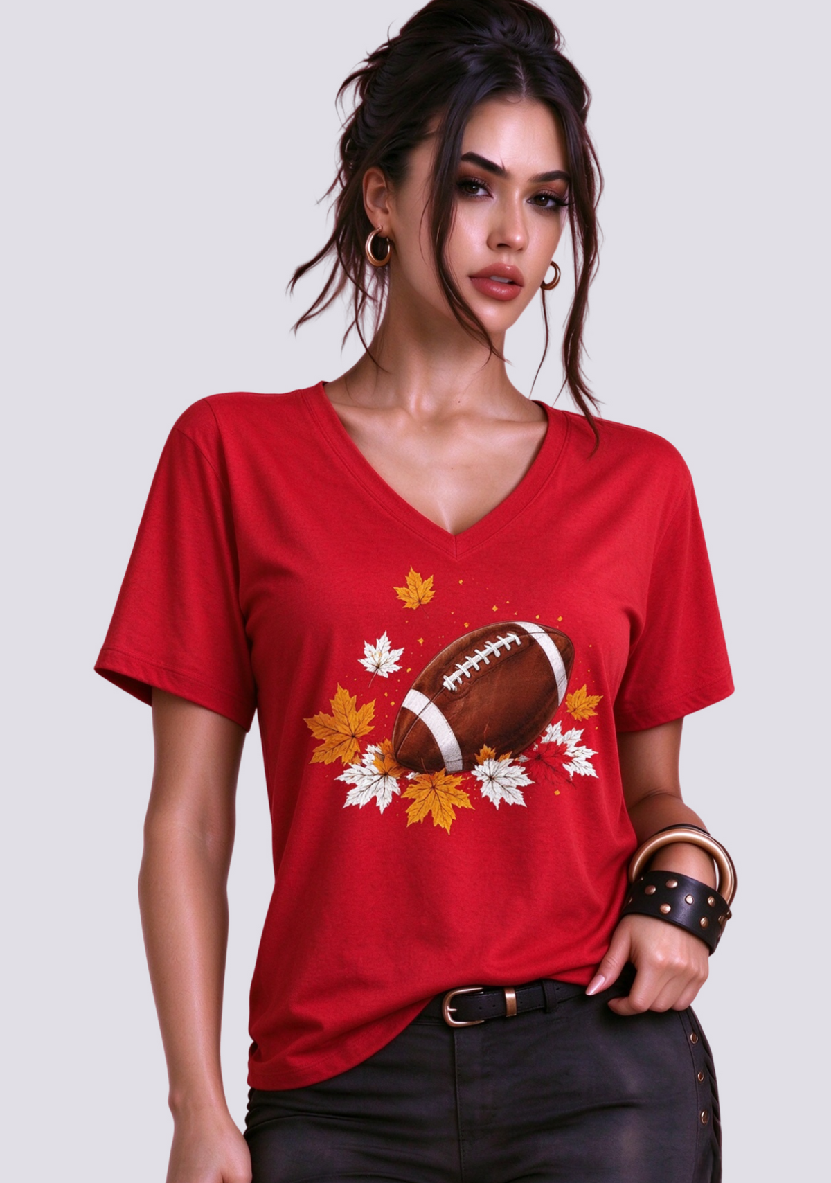 This Woman Loves Football Fall Maple Leaves NFL V-Neck T-Shirt