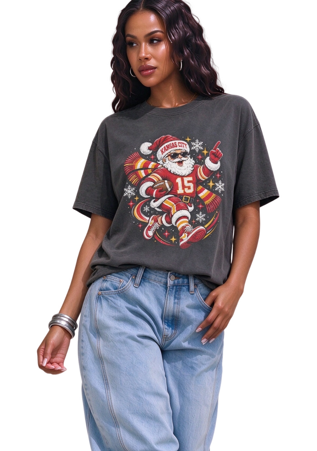 Women's Kansas City Chiefs Santa Football Christmas T-Shirt