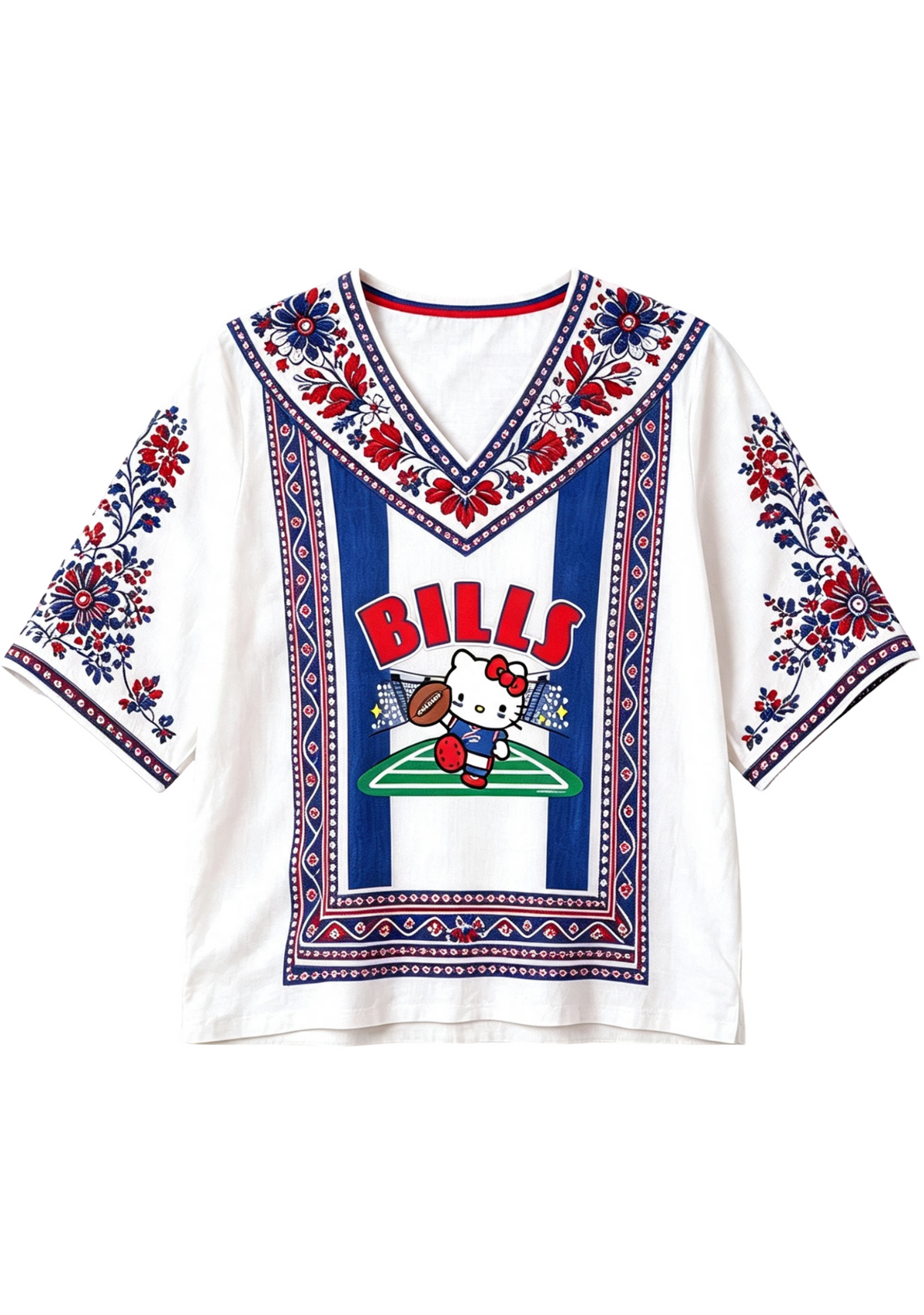 Women's Boho Floral Buffalo Bills Hello Kitty Game Day V Neck Shirt