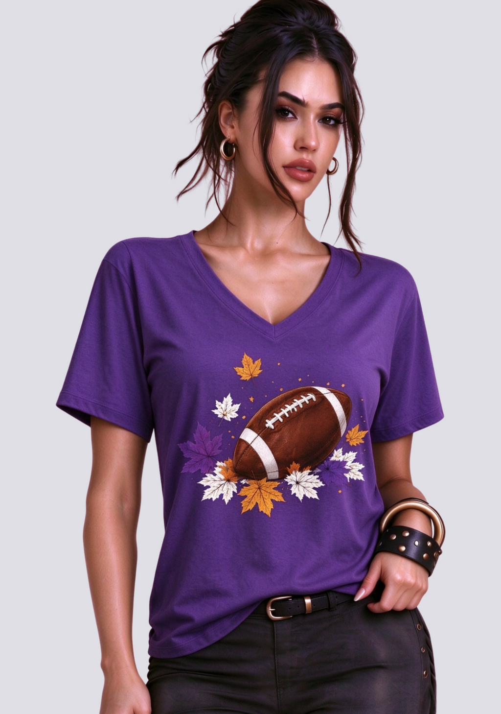 This Woman Loves Football Fall Maple Leaves NFL V-Neck T-Shirt