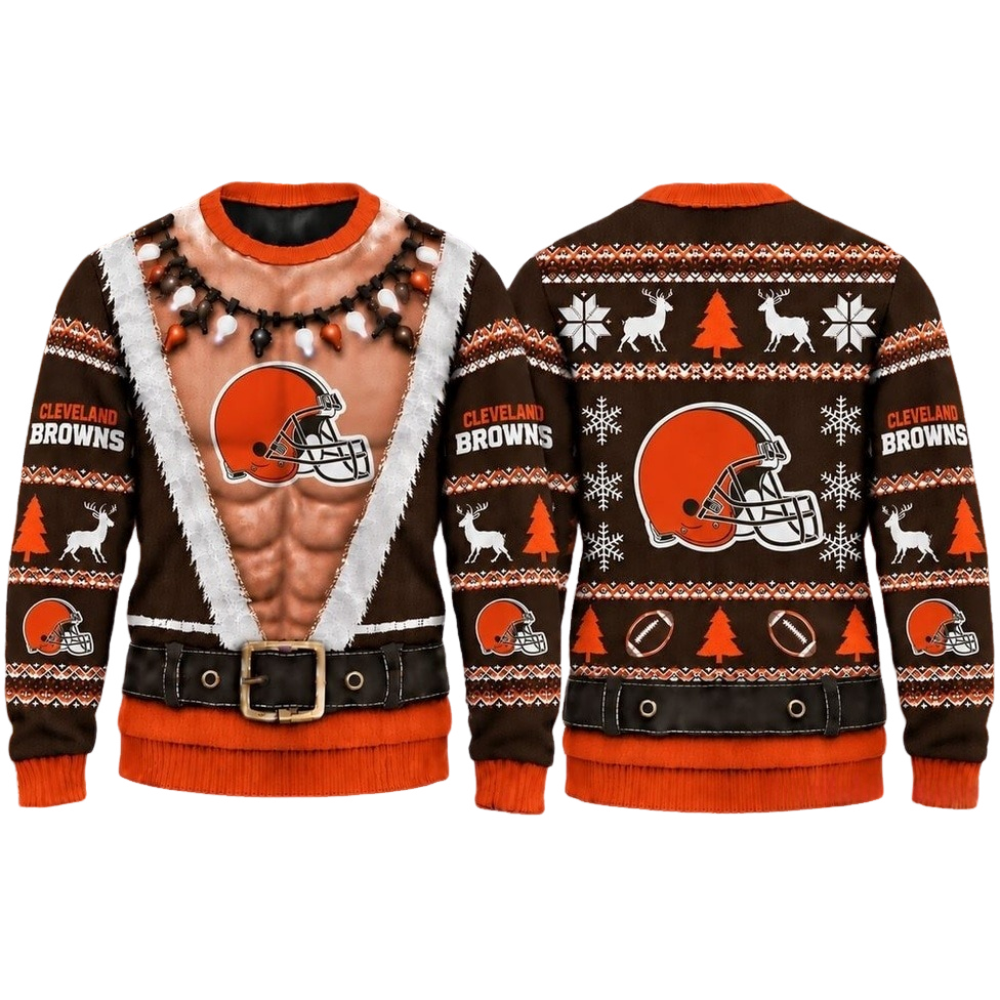 Cleveland Browns Christmas Ugly Sweater Muscular Fan Graphic