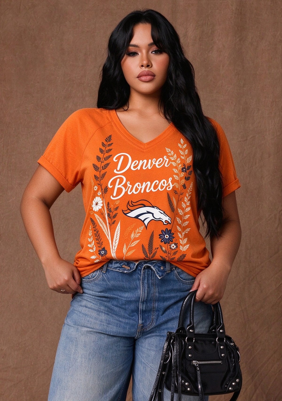 Women's Denver Broncos Wildflower Graphic V-Neck Raglan Rolled T-Shirt