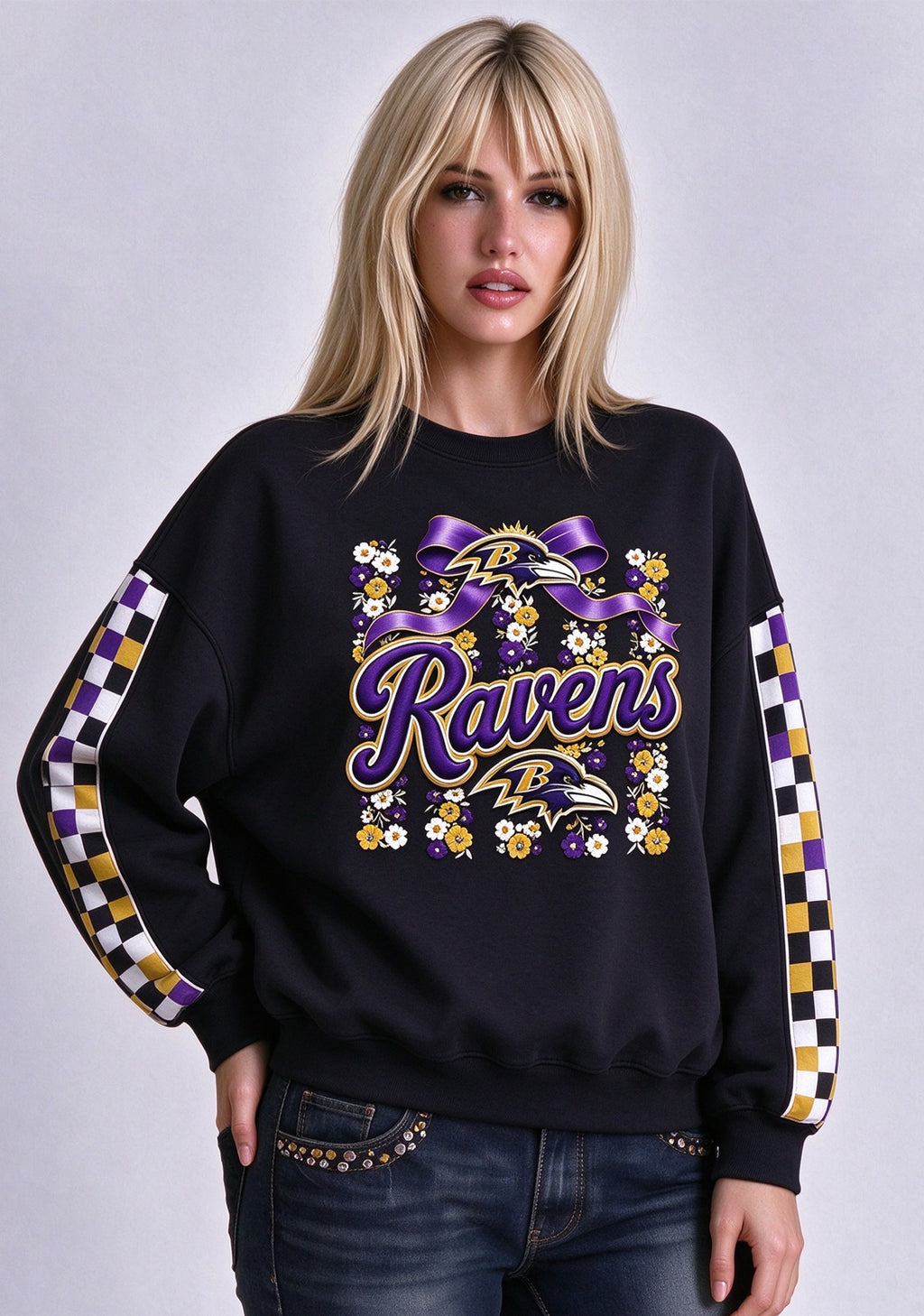 Women's Baltimore Ravens Floral Bow Crewneck Sweatshirt
