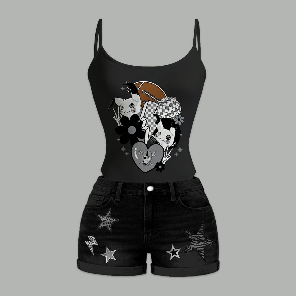 Las Vegas Raiders X Pokémon Bodysuit  & Stretch Black Denim Shorts Two-Piece Set