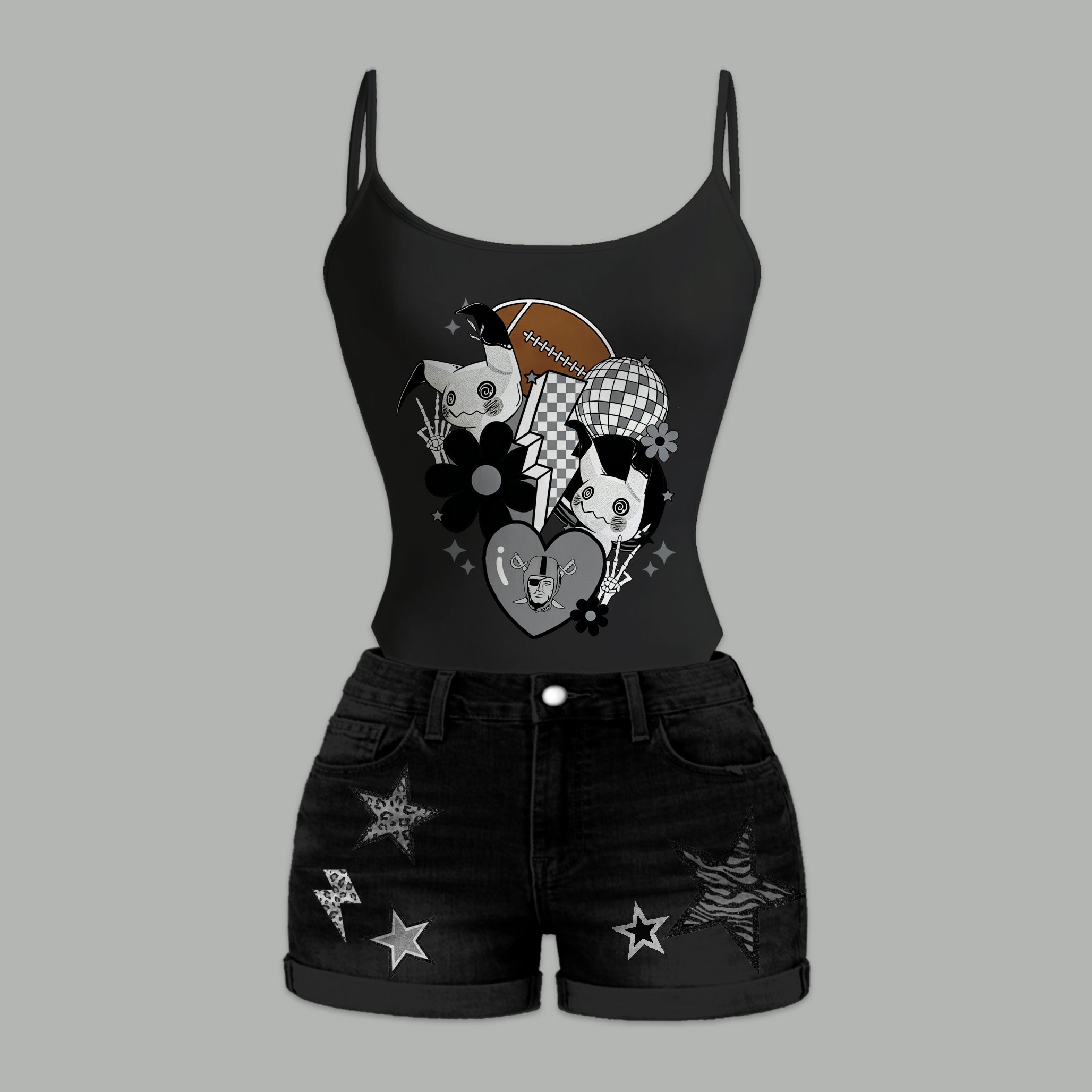 Las Vegas Raiders X Pokémon Bodysuit  & Stretch Black Denim Shorts Two-Piece Set