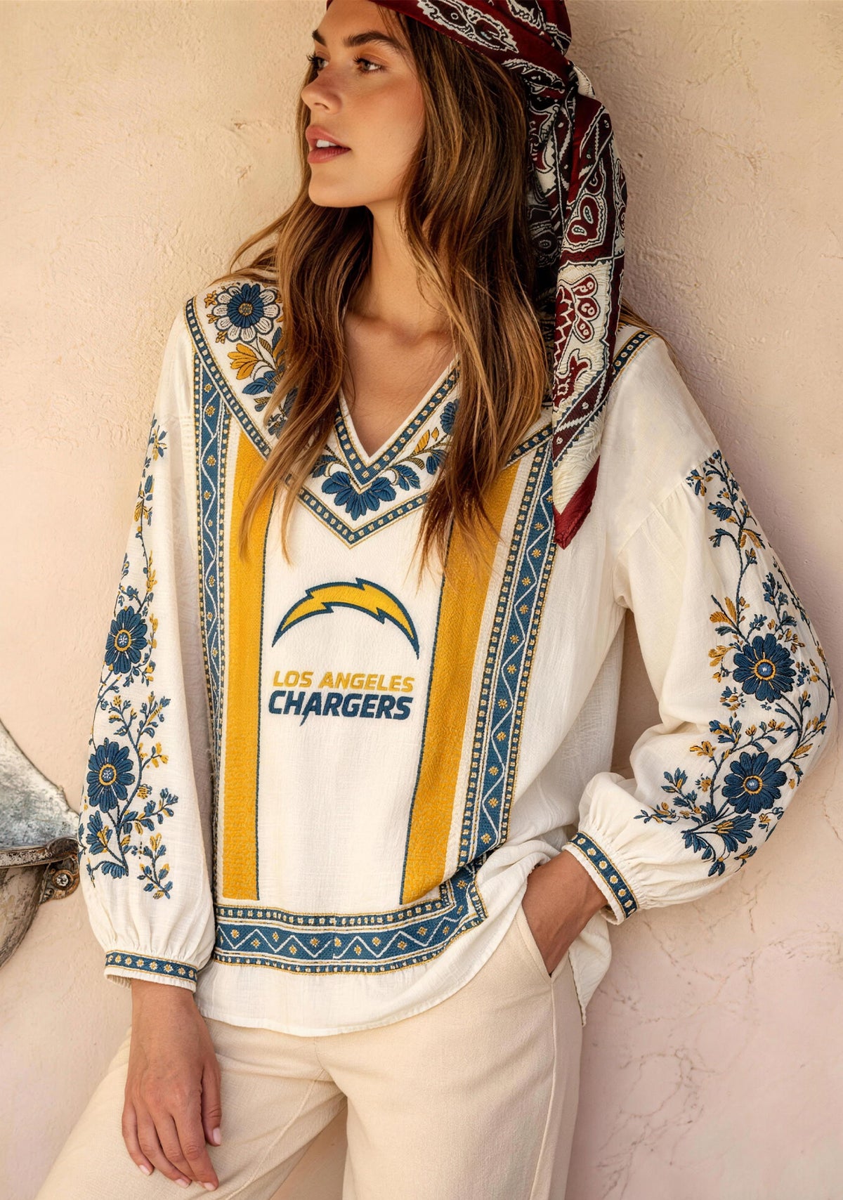 Los Angeles Chargers Floral Printed V-Neck Long Sleeve Shirt