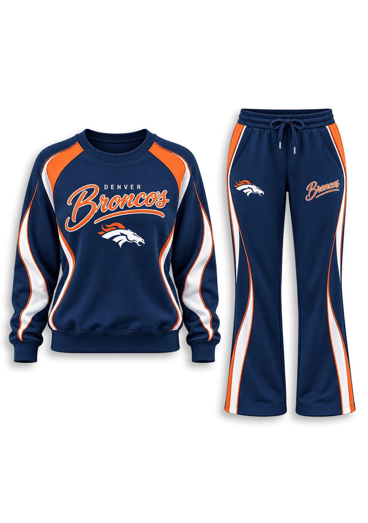Women's Denver Broncos Crewneck Sweatshirt & Flared Pants 2 Piece Set