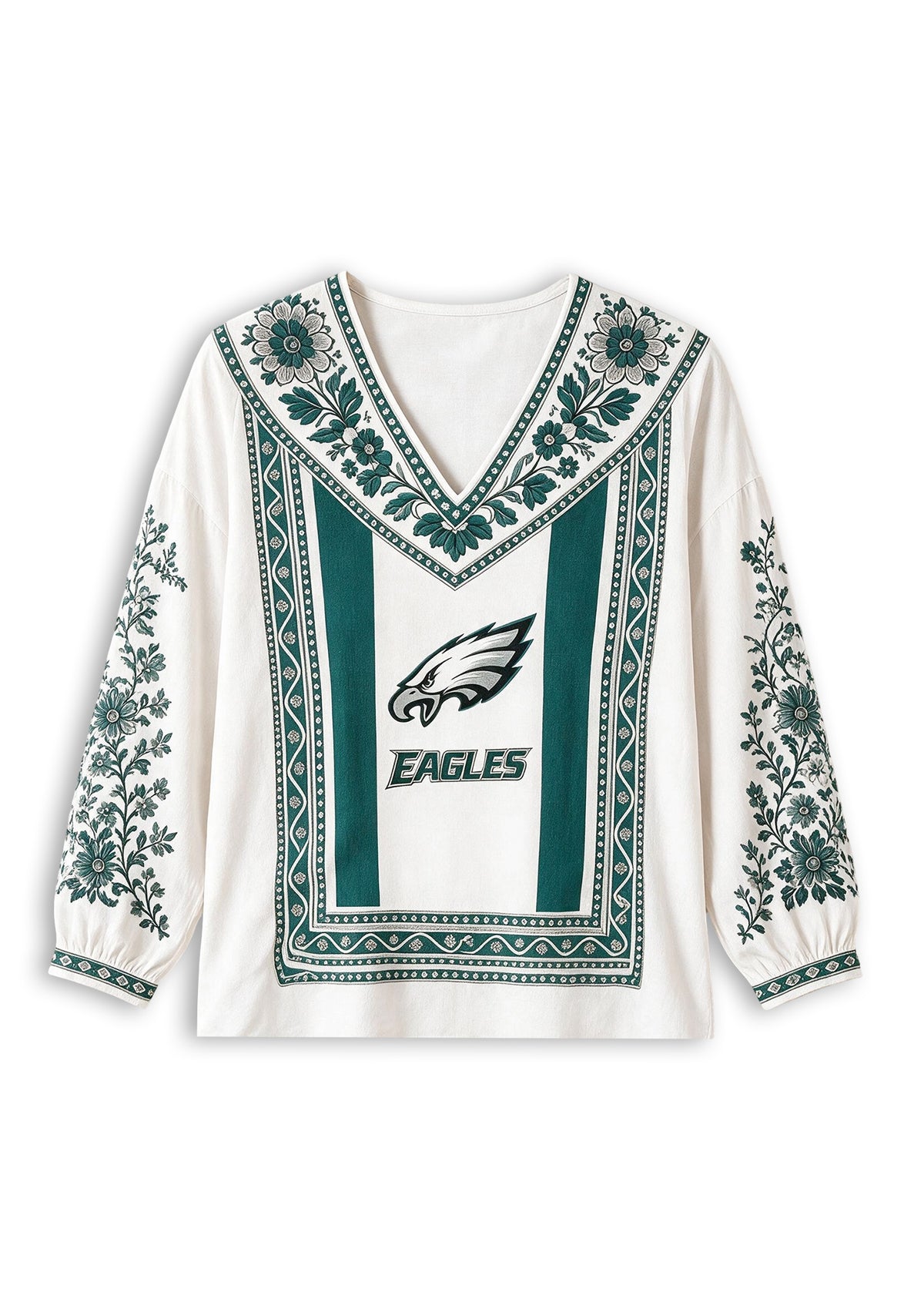 Women's Philadelphia Eagles Boho Floral Printed V-Neck Long Sleeve Shirt