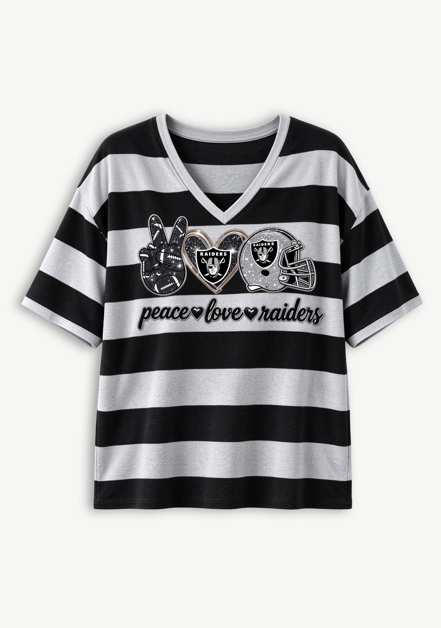 Women's Peace Love Las Vegas Raiders Football Striped V Neck T-Shirt Secondary image
