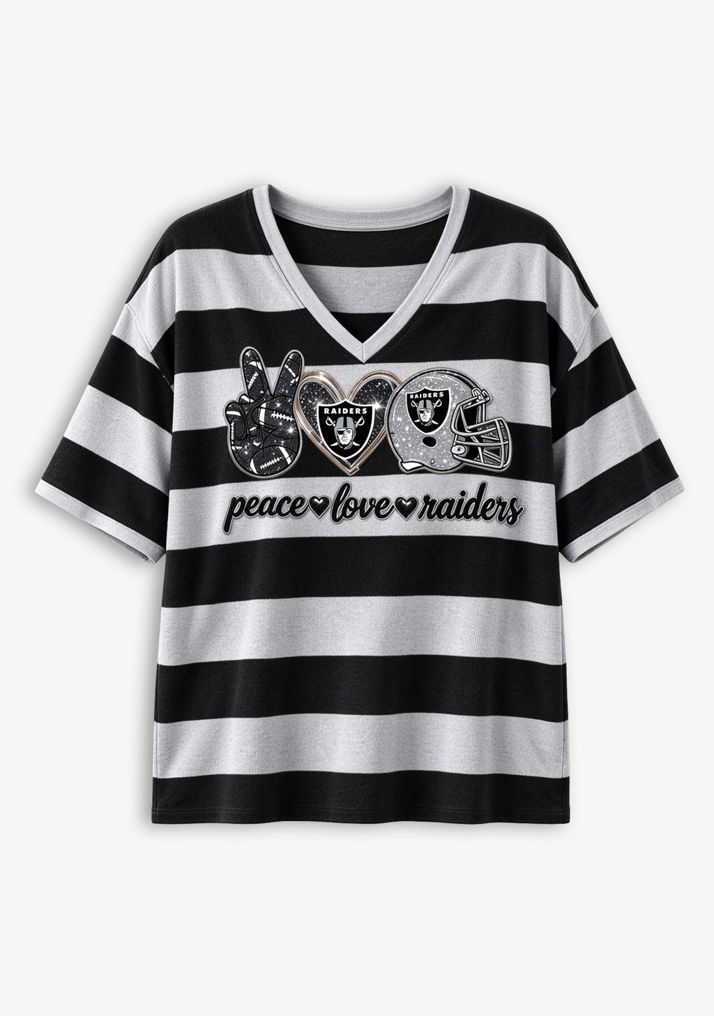 Women's Peace Love Las Vegas Raiders Football Striped V Neck T-Shirt