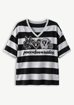 Women's Peace Love Las Vegas Raiders Football Striped V Neck T-Shirt