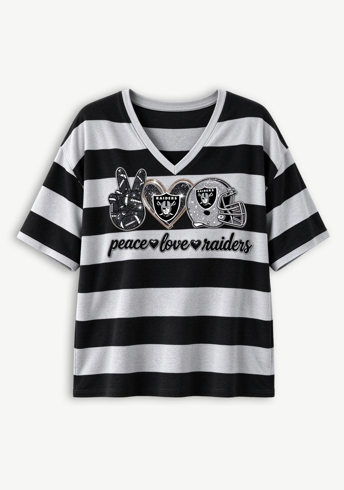Women's Peace Love Las Vegas Raiders Football Striped V Neck T-Shirt