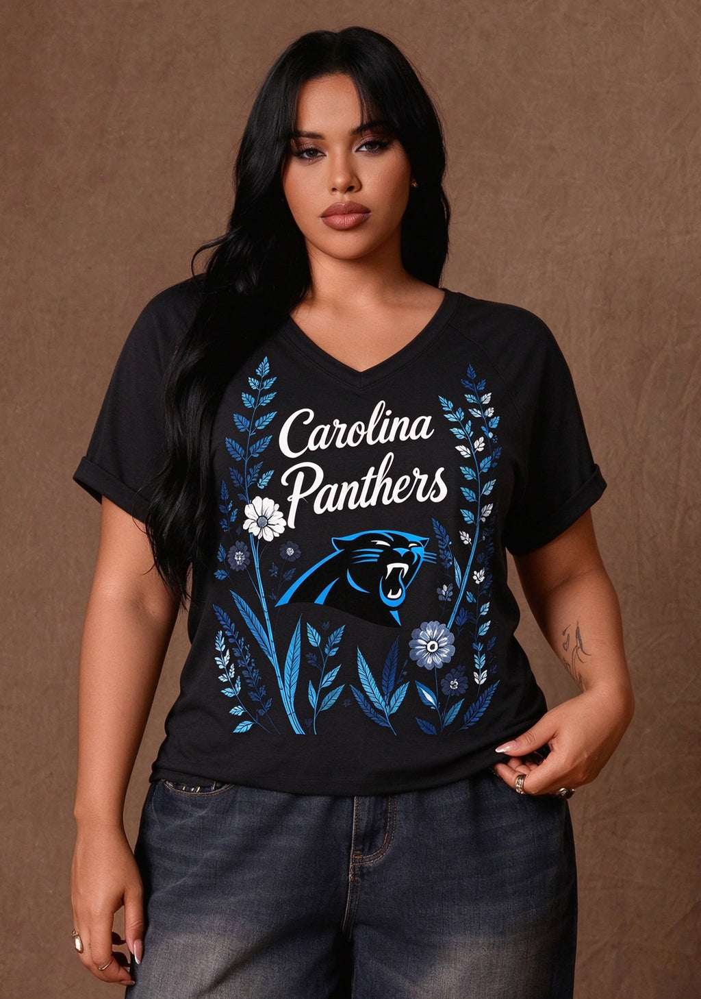 Women's Carolina Panthers Wildflower Graphic V-Neck Raglan Rolled T-Shirt