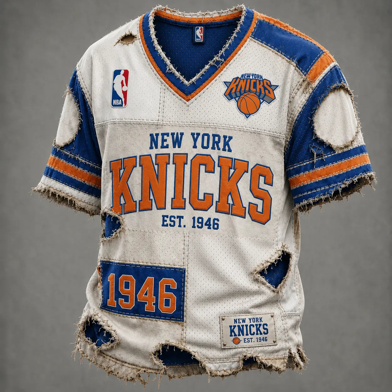 NY Knicks 1946 Distressed Patchwork V-Neck T-Shirt Secondary image
