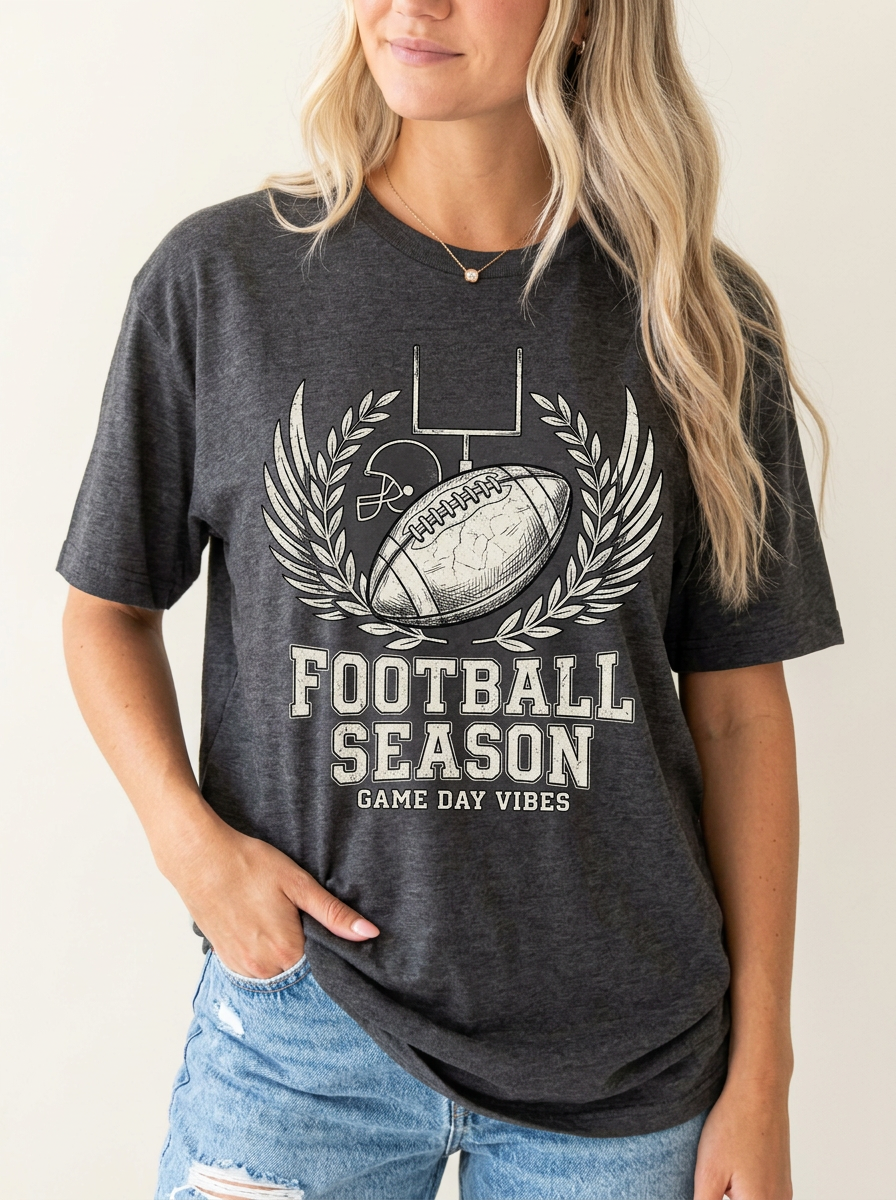 Women's Football Season Game Day Vibes Helmet Ball Printed T-Shirt