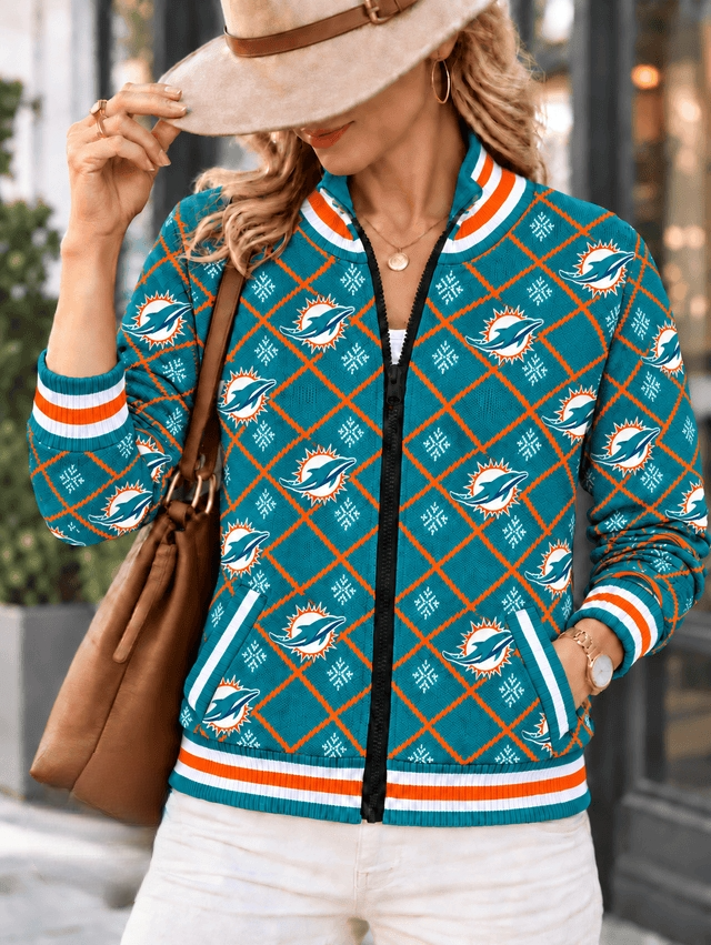 Women's Miami Dolphins Argyle Print Zip Up Varsity Jacket
