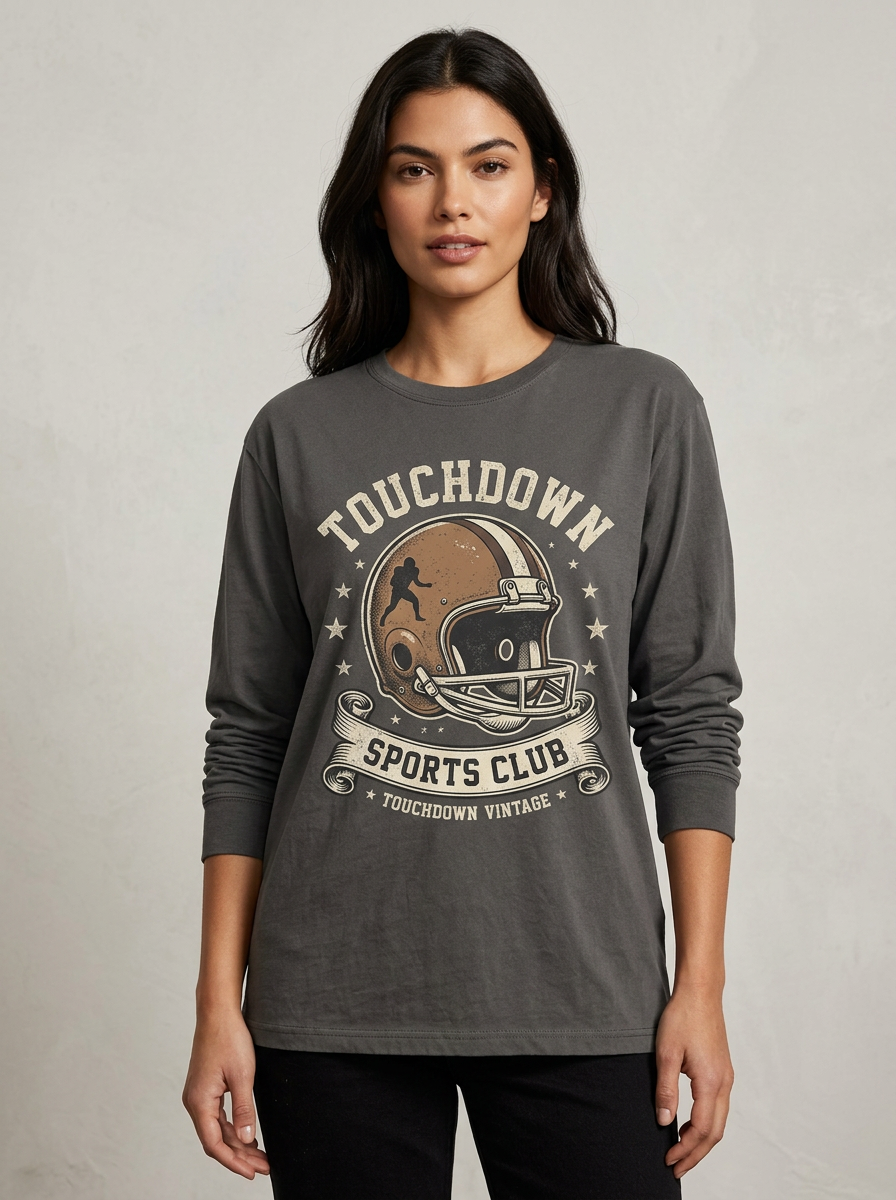 Women's Football Lover Touchdown Helmet Graphic Printed Long Sleeve T-Shirt