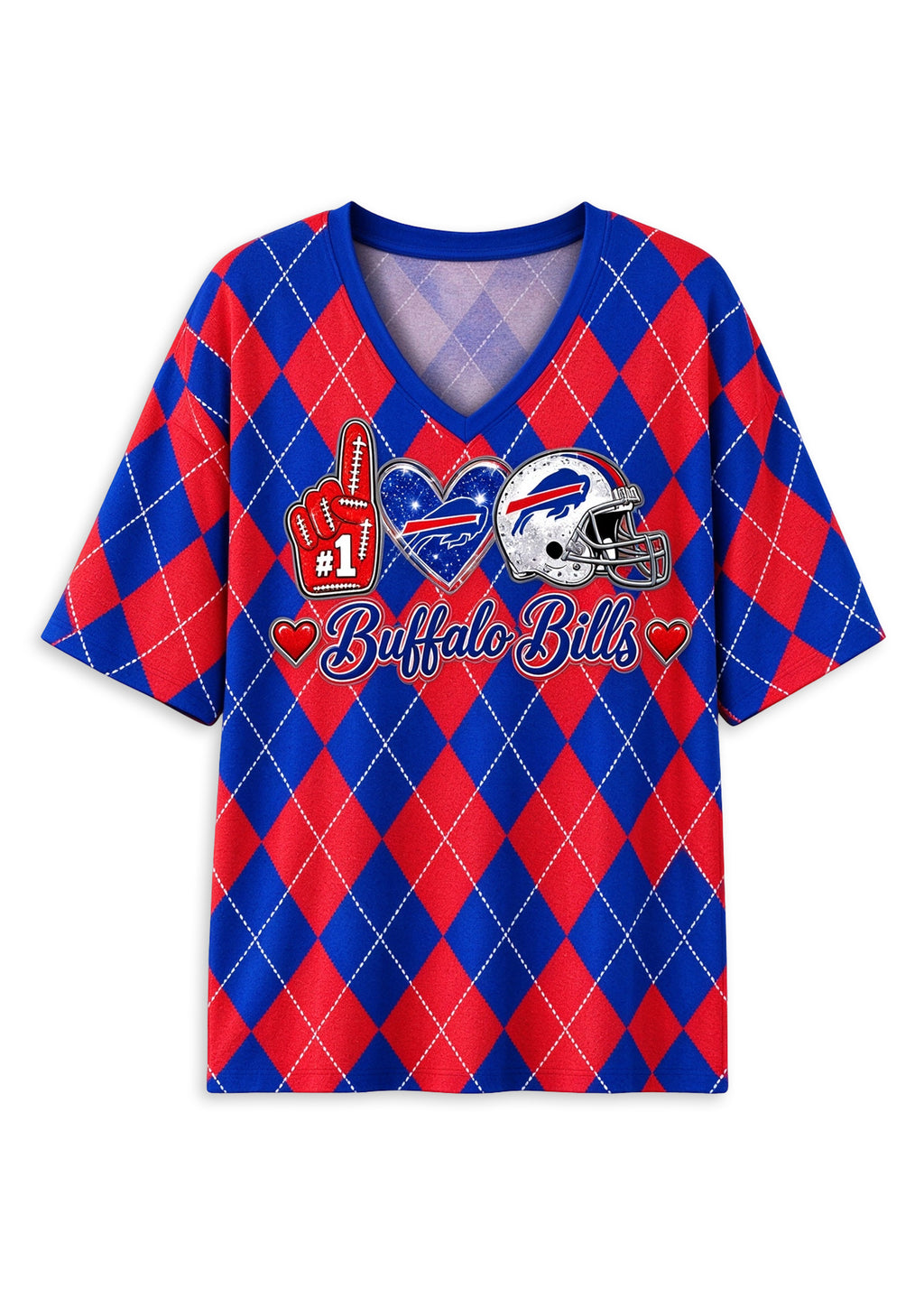 Women's Buffalo Bills Argyle #1 Fan Heart Helmet V-Neck T-Shirt