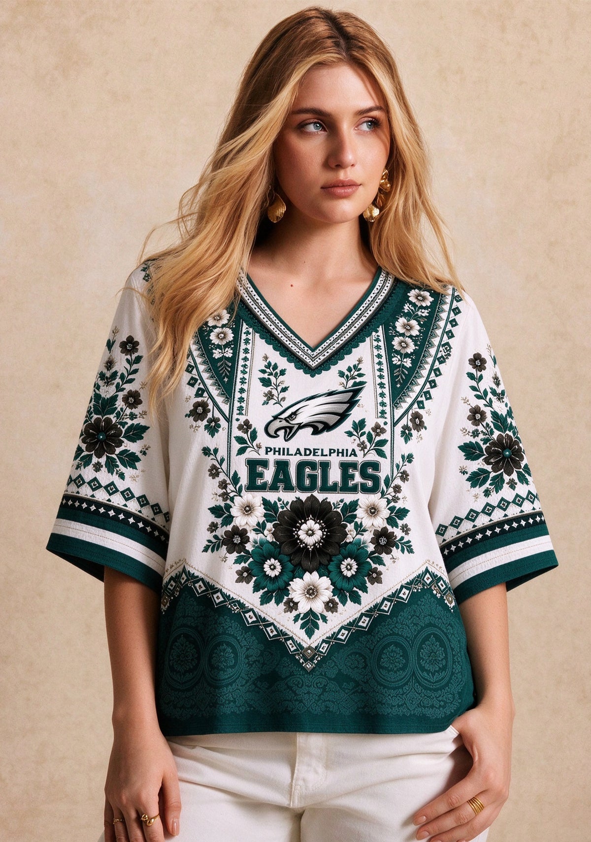 Women’s Philadelphia Eagles Boho Floral V-Neck 3/4 Sleeve Shirt Main image