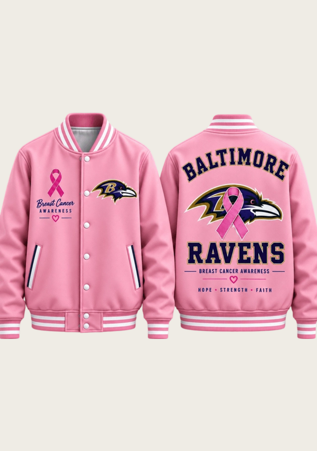 Baltimore Ravens Breast Cancer Awareness Pink Ribbon Varsity Jacket
