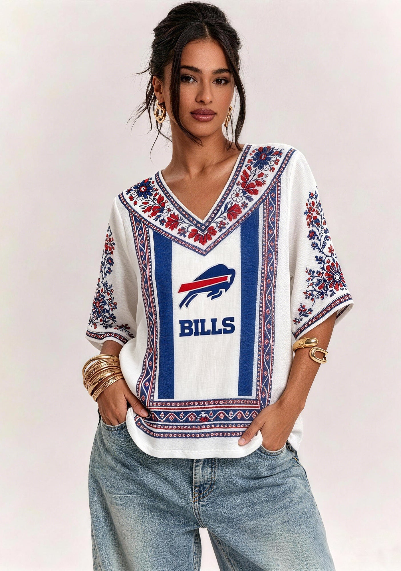Boho Floral Buffalo Bills V-Neck Blouse Main image