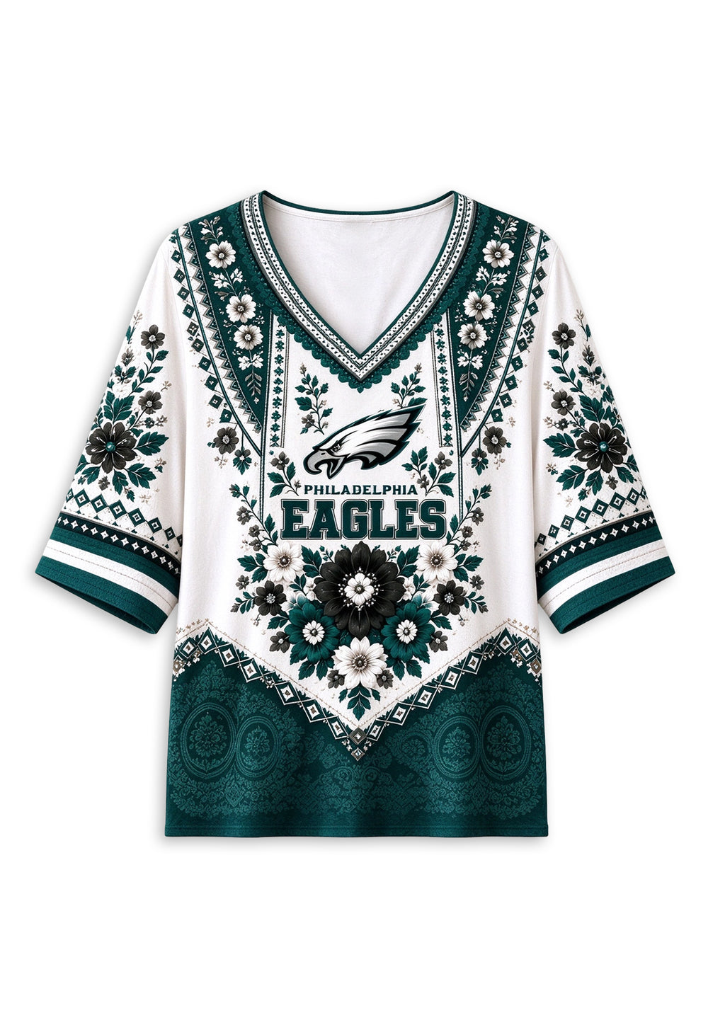 Women’s Philadelphia Eagles Boho Floral V-Neck 3/4 Sleeve Shirt