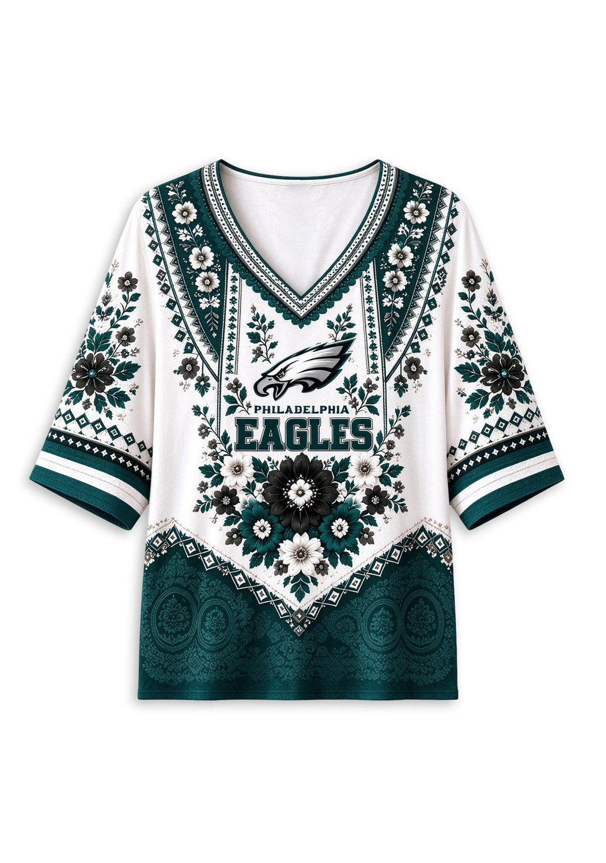 Women’s Philadelphia Eagles Boho Floral V-Neck 3/4 Sleeve Shirt