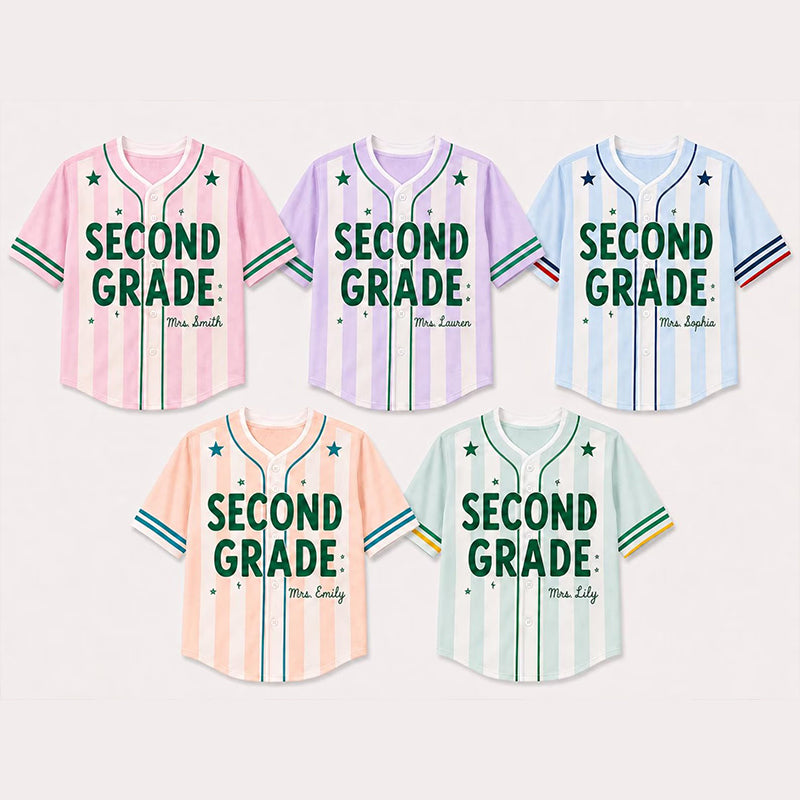 Personalized Grade And Name Preppy Stripes Star Teacher Baseball Jersey Secondary image