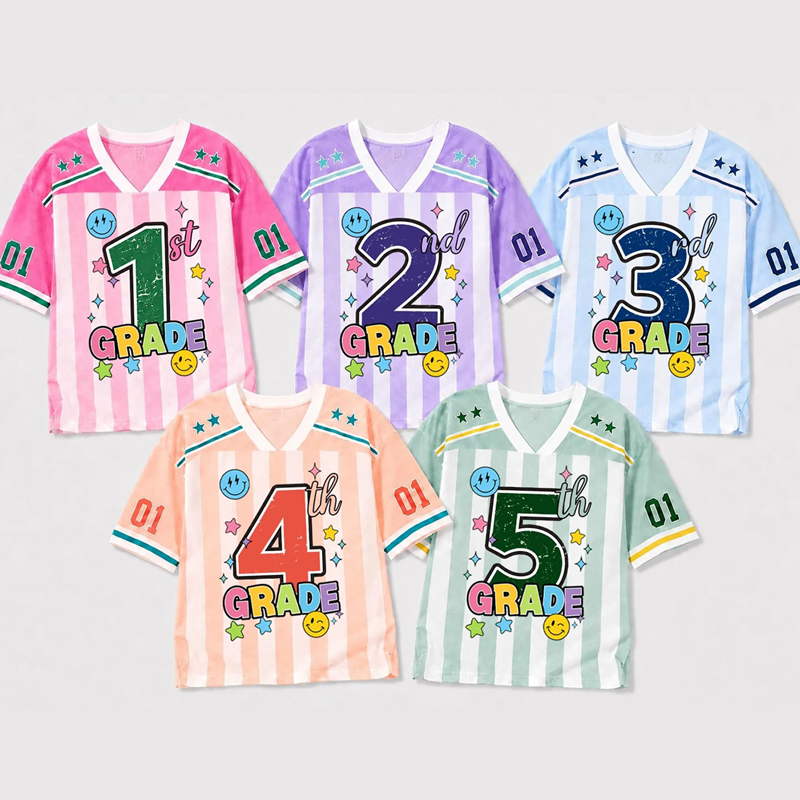 Personalized Name And Grade Striped Smile  Two Sided Star Teacher Mesh Jersey Secondary image