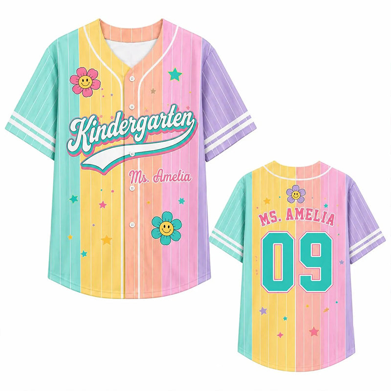 Personalized Grade And Name Rainbow Stripes Floral Teacher Baseball Jersey Main image
