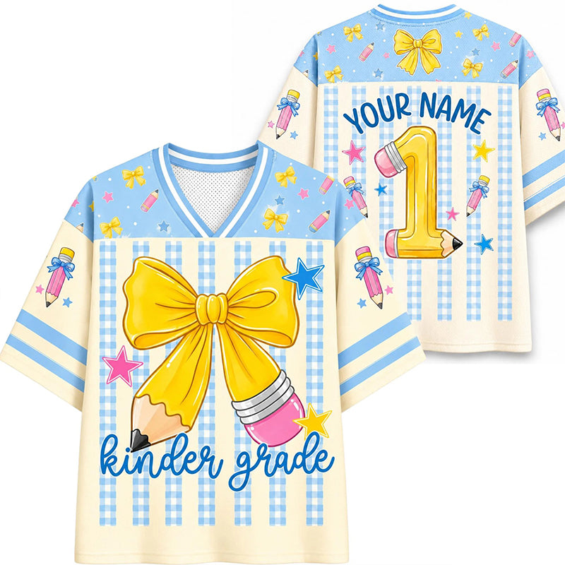 Personalized Grade And Name Gingham Stripes Pencil Bow Teacher Mesh Jersey Main image