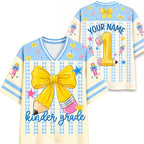 Personalized Grade And Name Gingham Stripes Pencil Bow Teacher Mesh Jersey
