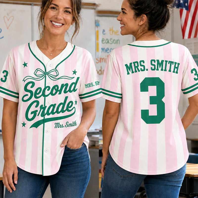 Personalized Grade And Name Stripe Bow Teacher Baseball Jersey Main image