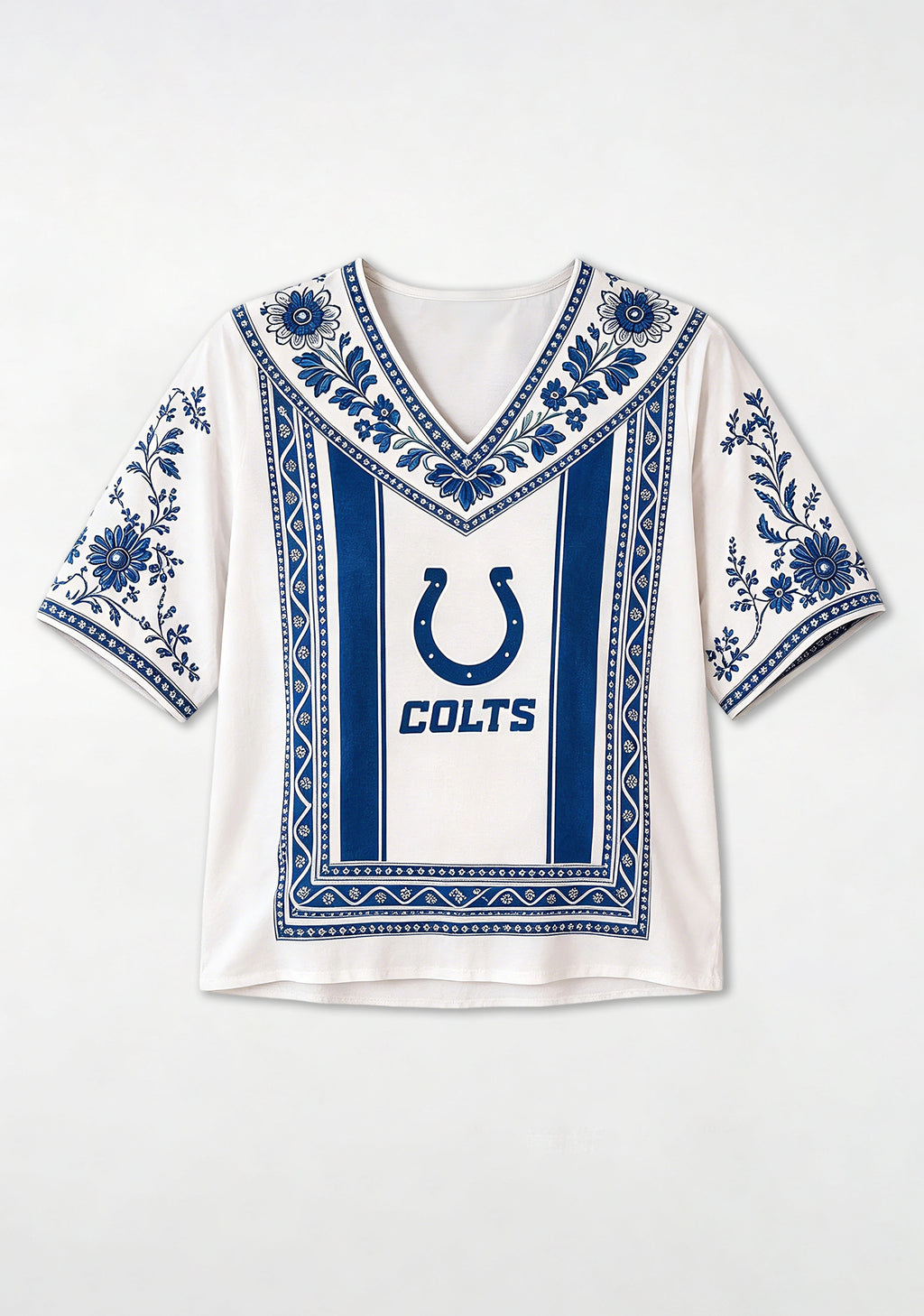Boho Navy Floral Indianapolis Colts V-Neck Blouse