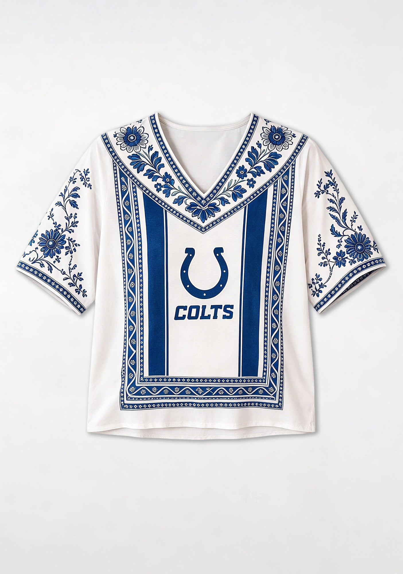 Boho Navy Floral Indianapolis Colts V-Neck Blouse