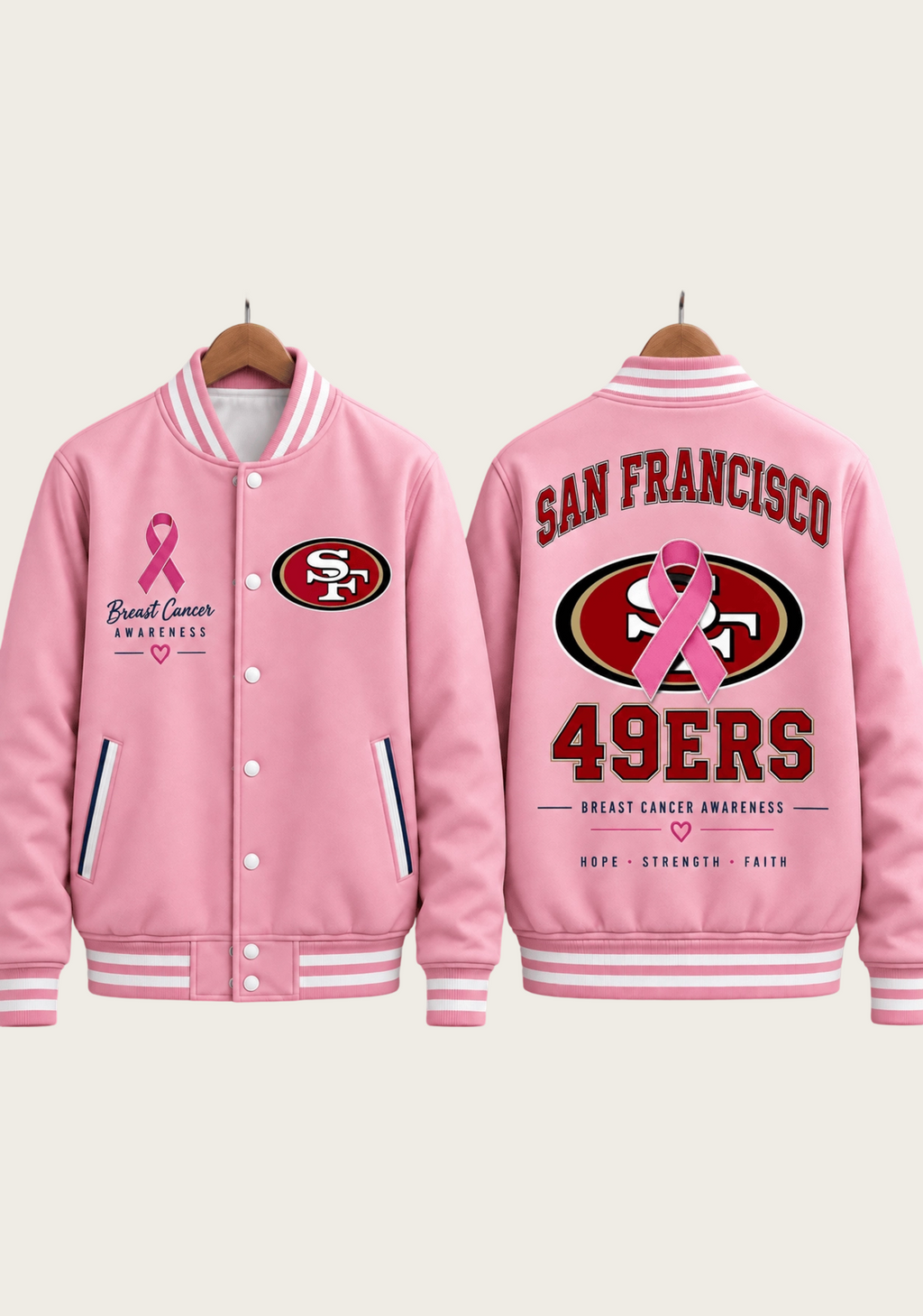 San Francisco 49ers Breast Cancer Awareness Pink Ribbon Varsity Jacket