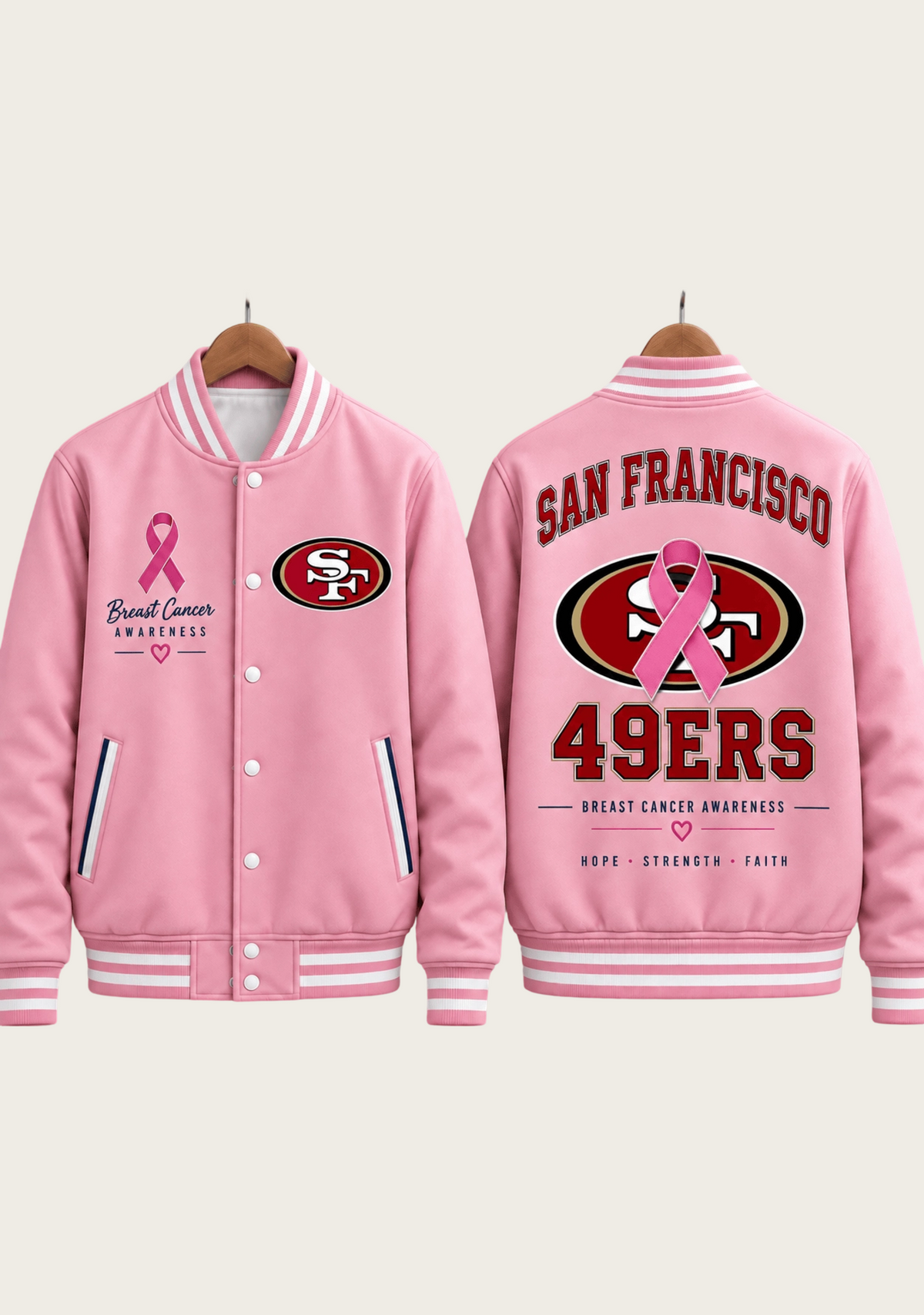 San Francisco 49ers Breast Cancer Awareness Pink Ribbon Varsity Jacket
