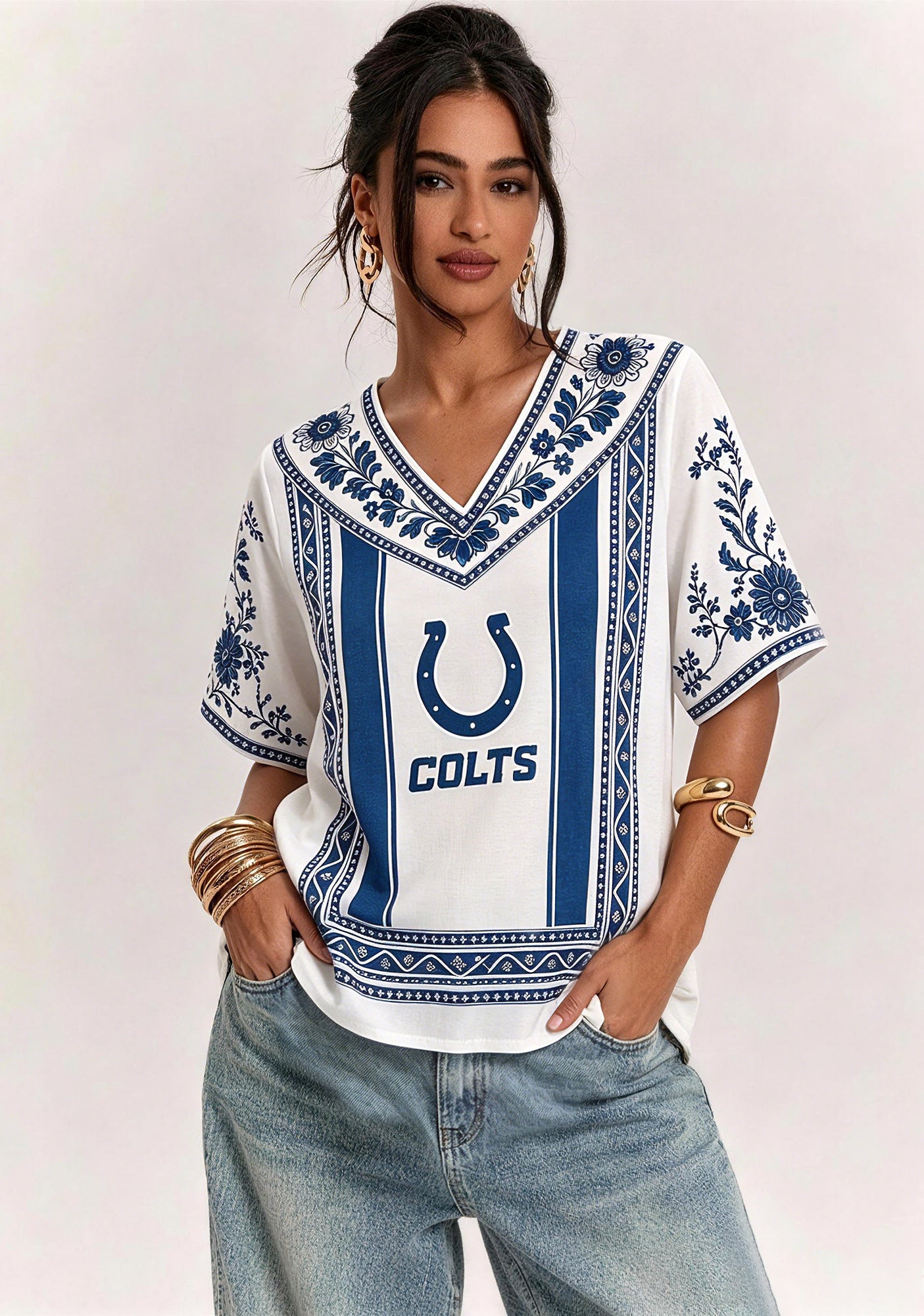 Boho Navy Floral Indianapolis Colts V-Neck Blouse Main image