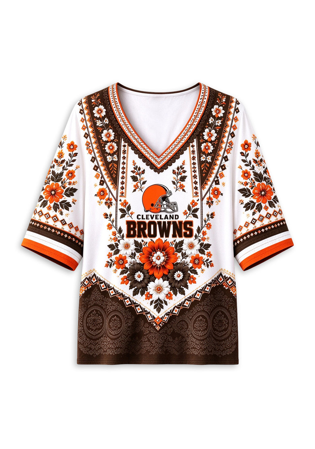 Women’s Cleveland Browns Boho Floral V-Neck 3/4 Sleeve Shirt