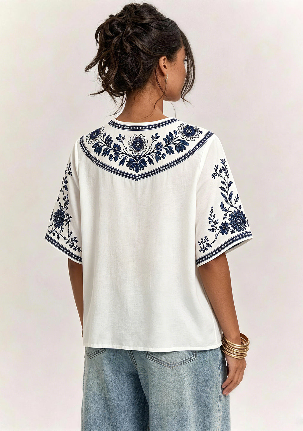 Boho Navy Floral Indianapolis Colts V-Neck Blouse