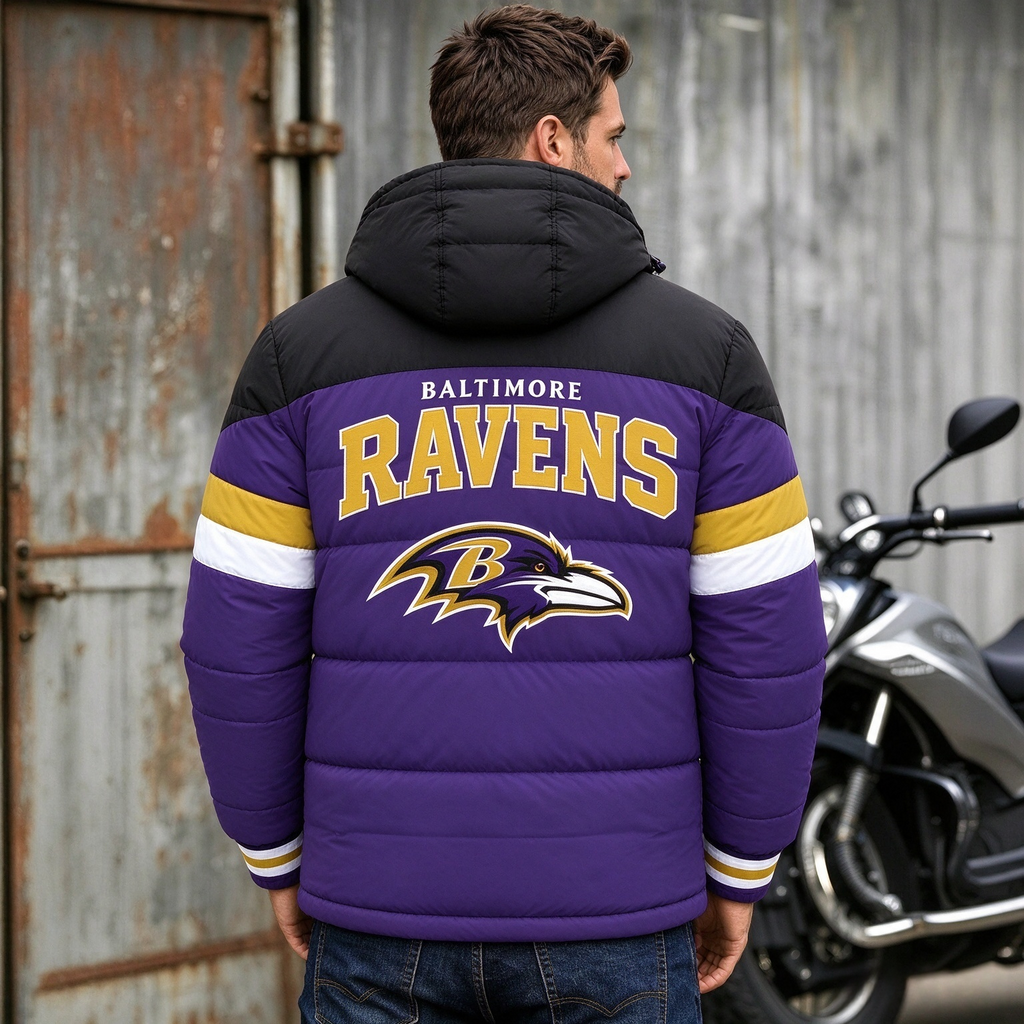 Baltimore Ravens Hooded Color Block Puffer Jacket  Custom Name Gifts For Fan