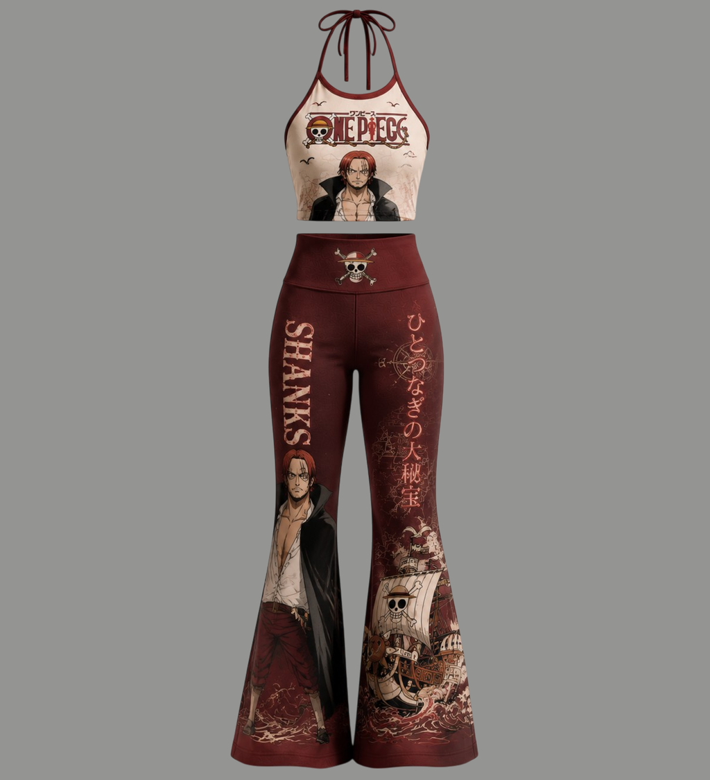 One Piece Halter Crop Top + High Waist Flared Pants Matching 2-Piece Set