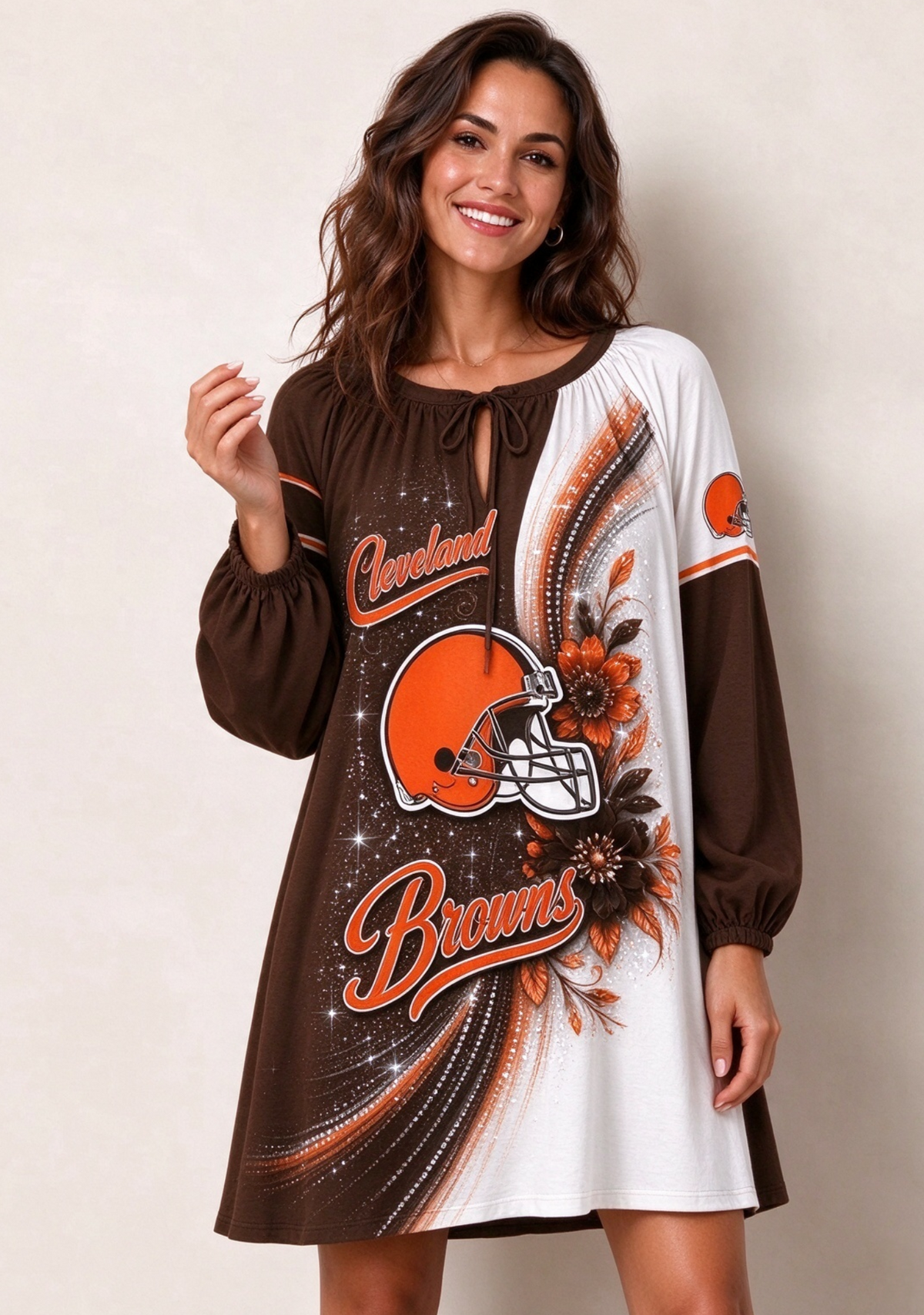 Women's Cleveland Browns Helmet Floral Long Sleeve Game Day Mini Dress