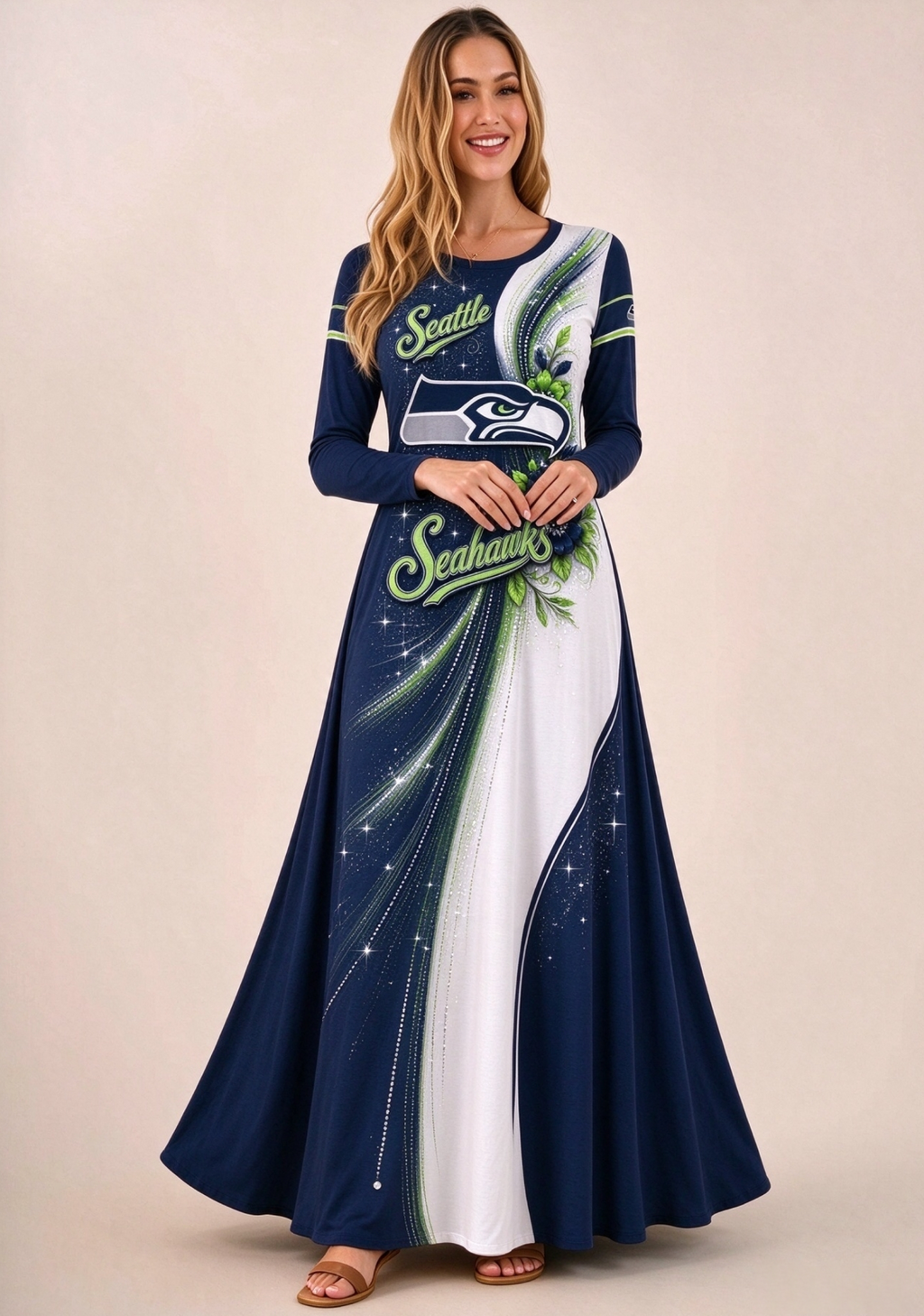 Women Seattle Seahawks Floral Print Long Sleeve Maxi Dress