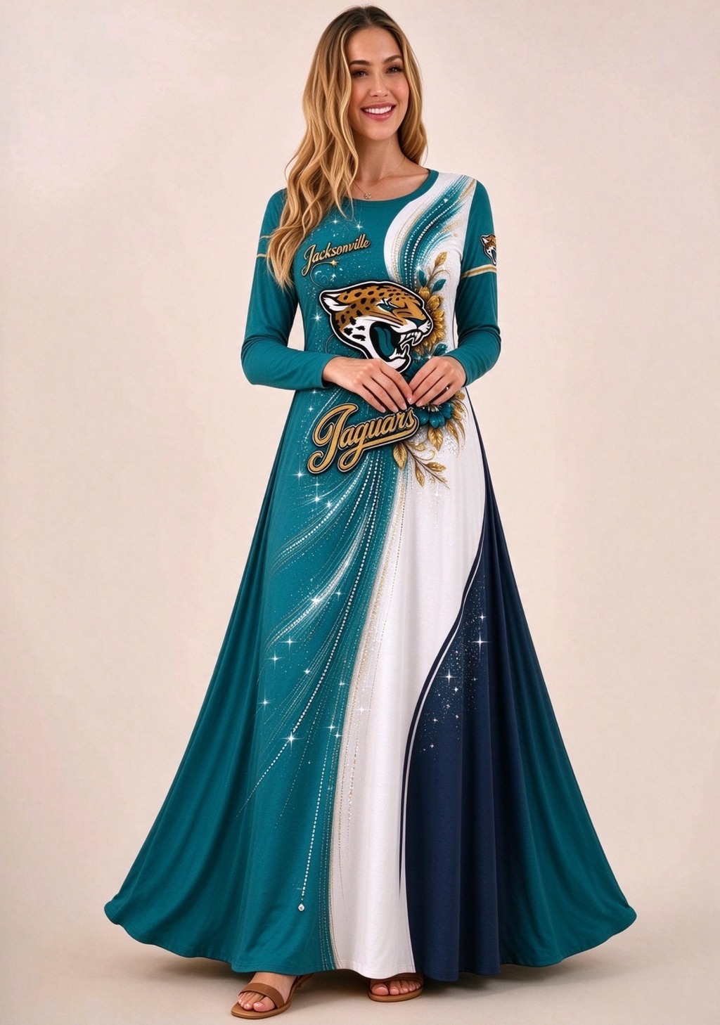 Women Jacksonville Jaguars Floral Print Long Sleeve Maxi Dress